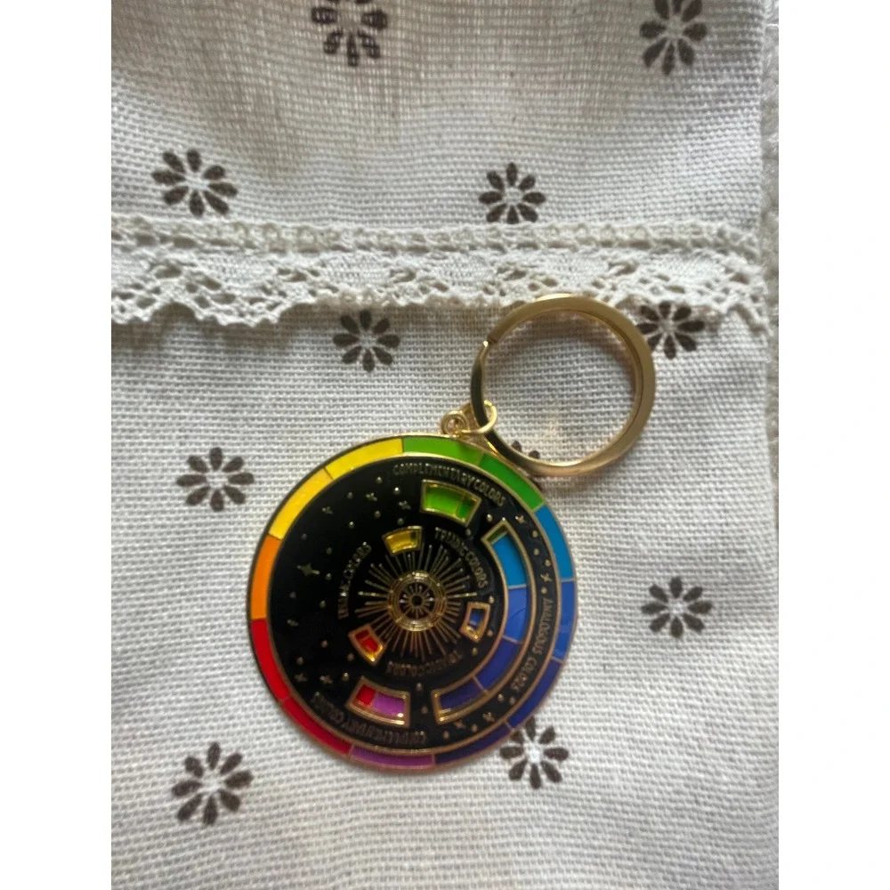 Rotating Color Theory Wheel Keychain Gold Enamel Artist Tool Rainbow Key Ring